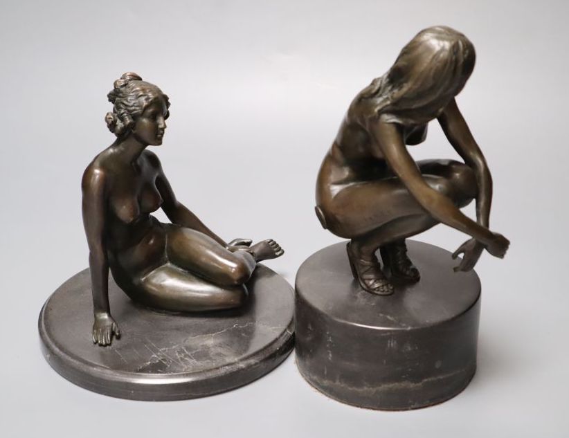 Two modern French bronzes of seated nudes on marble plinths, tallest 22cm